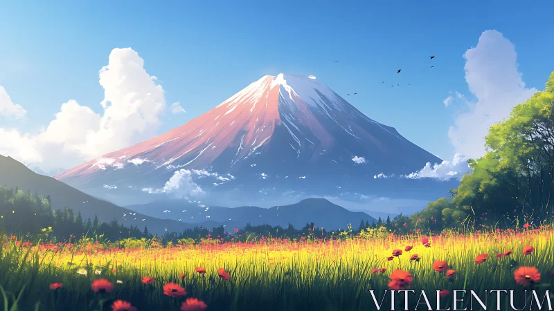 Sunlit mountain landscape with flower meadow in foreground.