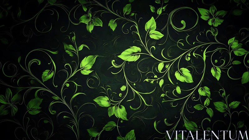 Green luminous leaves form swirling vines on dark background