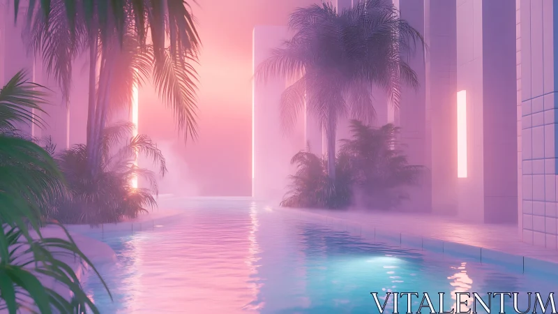 Dreamy neon oasis by a tranquil pastel-lit poolside.