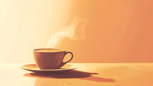 Steam rises from a ceramic cup on a saucer under warm light