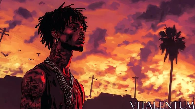 Urban portrait silhouette contrasts against incendiary sunset sky