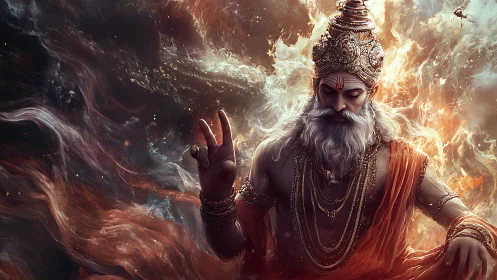 Serene bearded deity in ornate crown amid swirling fire.