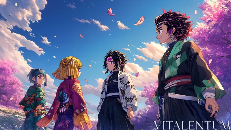 Anime swordsmen stand under cherry blossoms in spring sky.