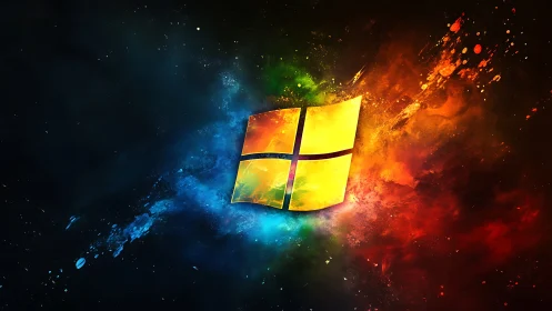 Windows-style quadrants over multicolor cosmic cloud field.