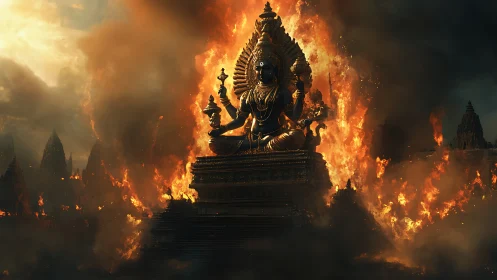 Divine temple statue surrounded by large scale raging fire.