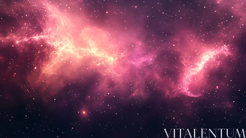 Pink nebula band stretches across dense star field in space