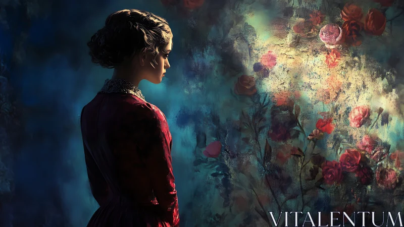 Solitary lady listening to a secret garden of painted roses.