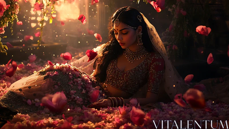 Cinematic bridal portrait amid falling rose petals at dusk