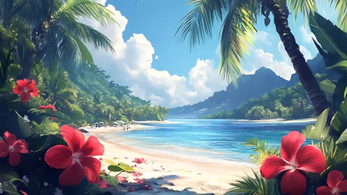 Tropical Paradise Beach Embraced by Palm Fronds.