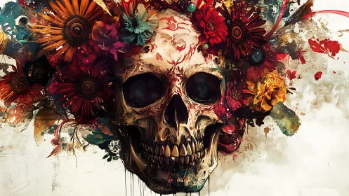 Skull blooms into riotous flowers and pirouetting splashes