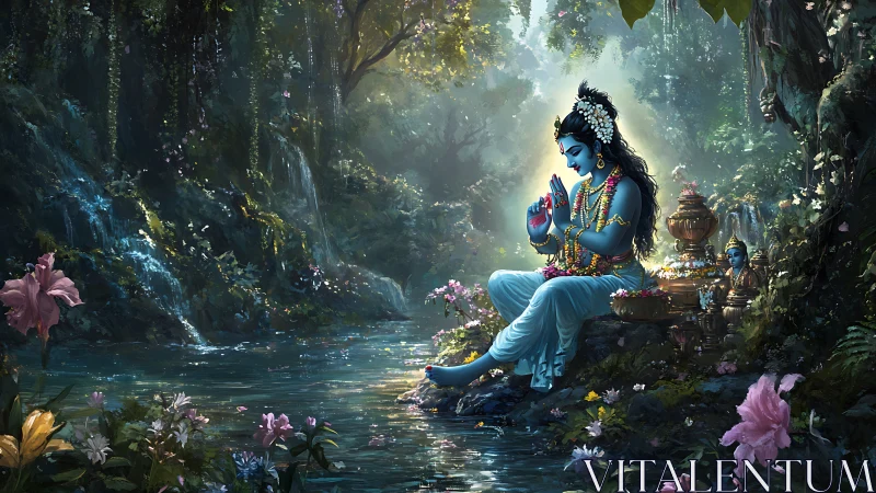 Blue-skinned seated figure in ornate forest riverside setting.