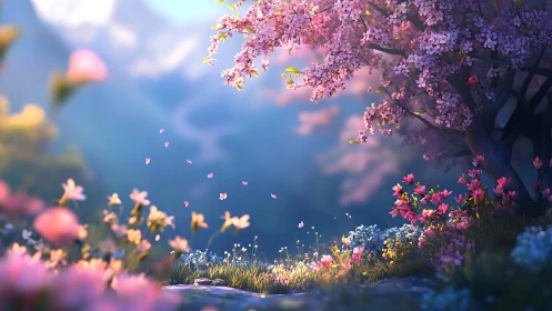 Digital painting of spring blossom grove with depth-of-field focus.