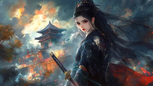 Storm-lit samurai maiden guards a burning twilight temple.