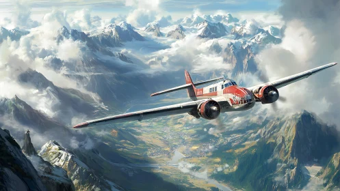 Vintage twin engine aircraft soaring above dramatic alps.
