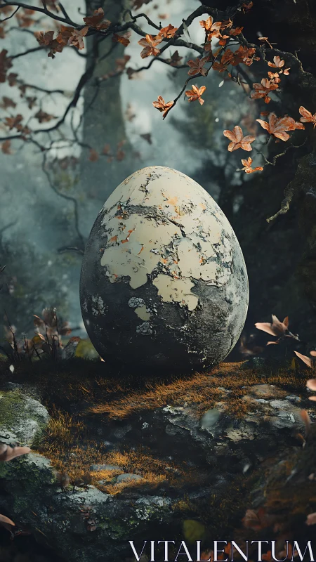 Mystic stone egg resting in mossy autumn forest glade.