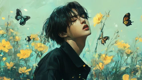 Gentle dreamer closes their eyes among sunlit butterflies