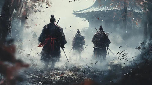 Mistwalk of the Scarlet Ronin toward a silent mountain shrine.
