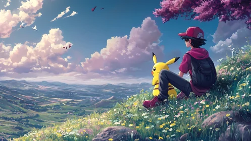 Anime trainer and Pikachu overlook vast spring valley.