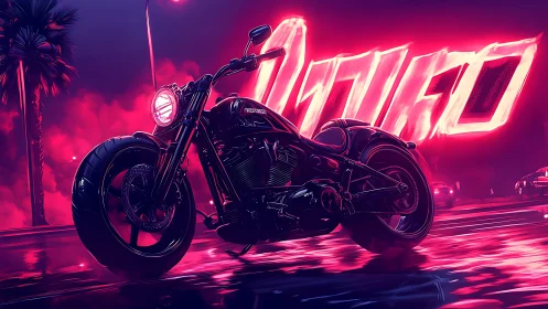 Neon thunderbike prowls a rain-slick cyberpunk boulevard.