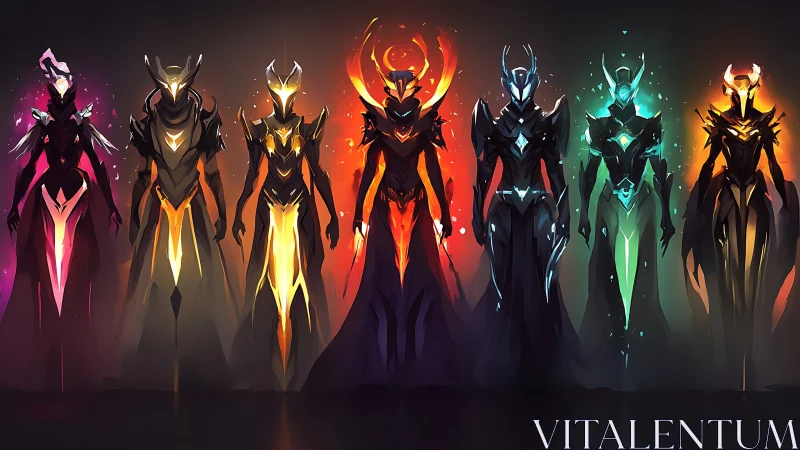Elemental armored avatars in luminous gradient spectrum.