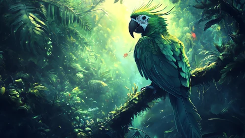 Emerald parrot rests in glowing rainforest light and mist