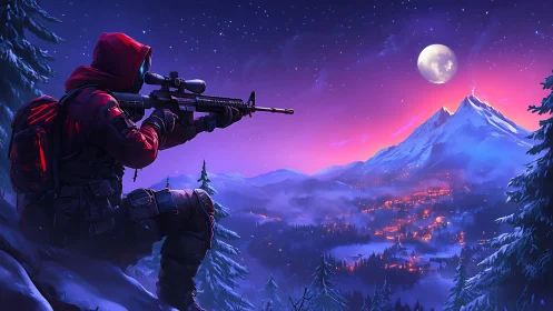 Sniper in snowy mountains beneath moonlit purple sky.