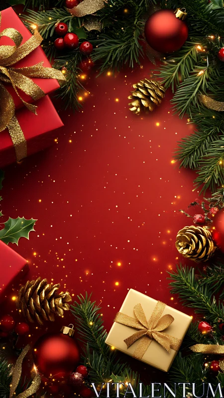 Festive red Christmas flatlay frames central negative space