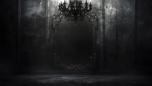 Dark ornate chandelier in empty baroque style interior.