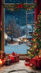Snowy Christmas window scene with glowing tree and gifts.