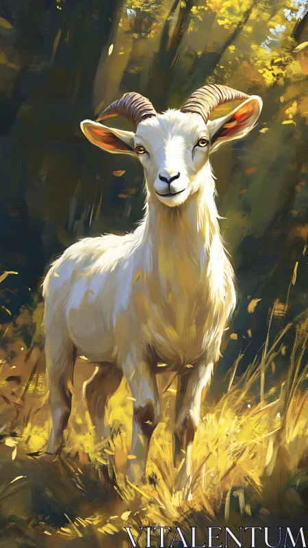 White goat with curved horns in warm forest light.