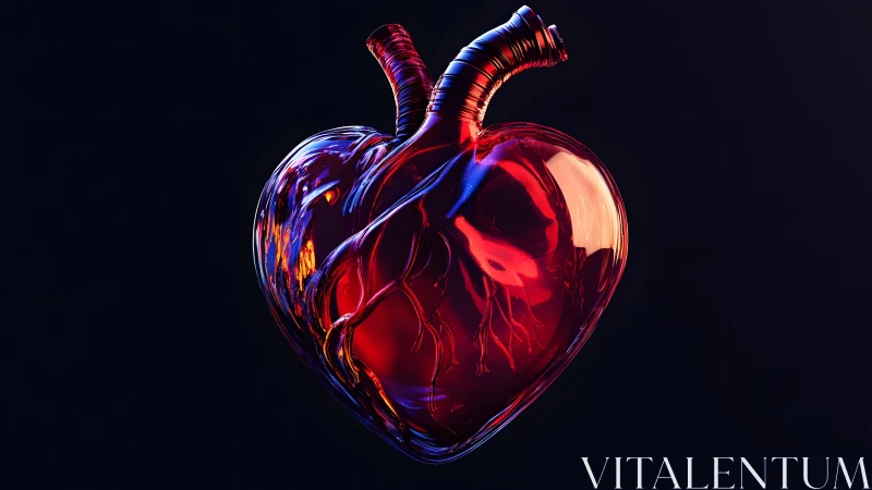 Futuristic Glass Human Heart with Vivid Lighting and Dark Background.
