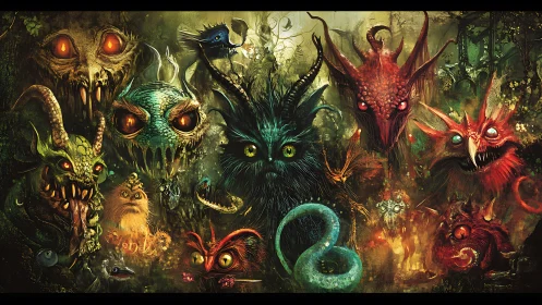 Mystical forest creatures gather in a glowing monster menagerie