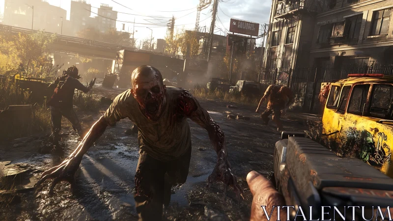 First person encounter with charging zombie in ruined city street