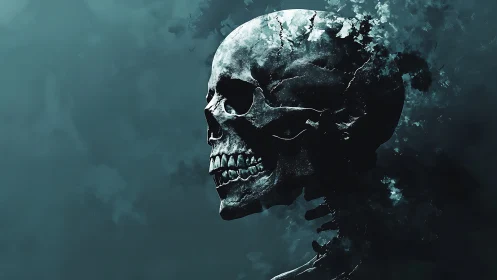 Side profile digital rendering of fractured human skull.