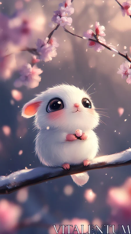 Fluffy white bunny gazes at cherry blossoms in soft light.