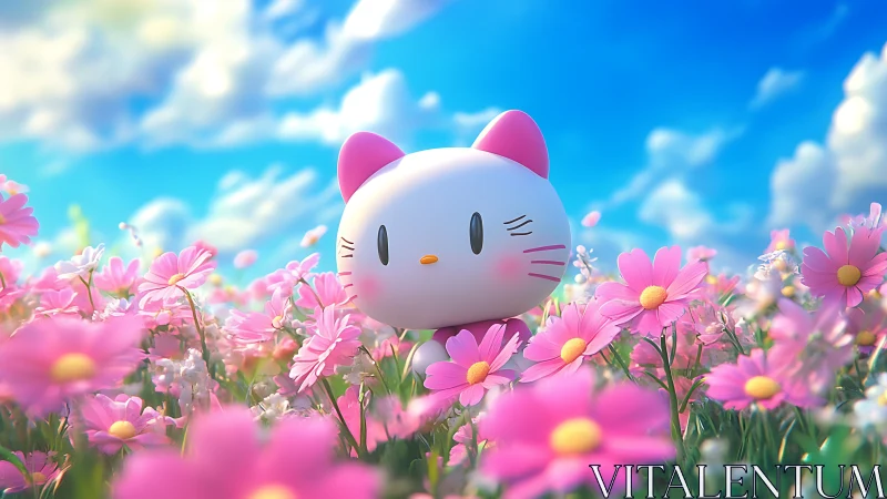Winking kitty drifts through dreamy pink flower meadows.