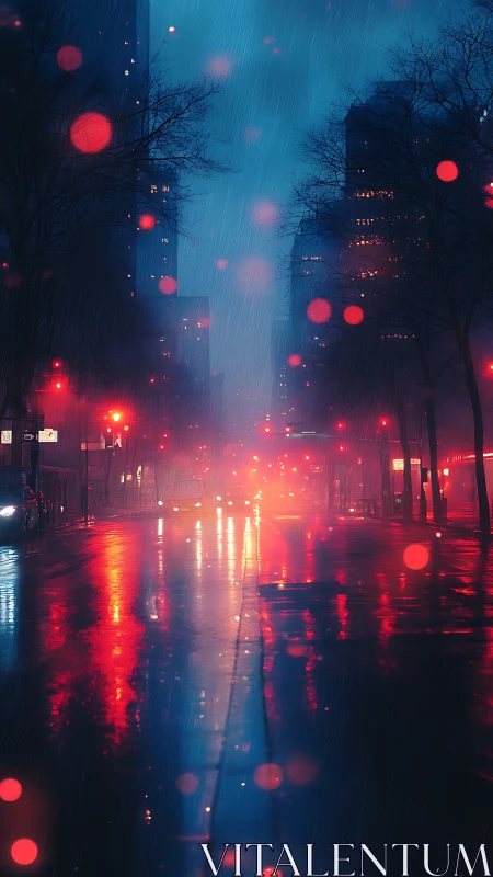 Rainy urban street with red traffic lights and reflections.