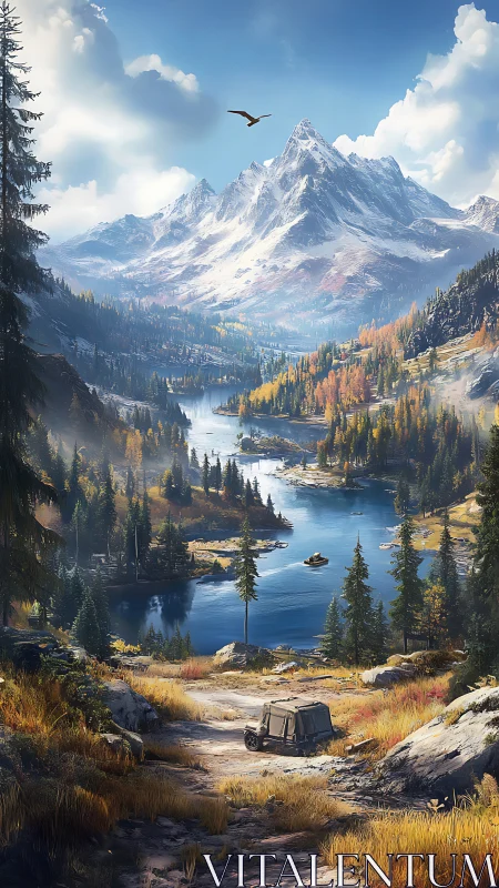 Snowcapped mountains rise above serene alpine lake valley.