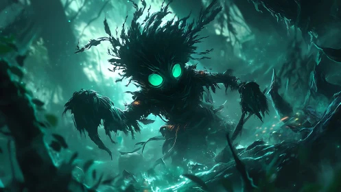 Bioluminescent sylvan construct stalking through spectral fog.