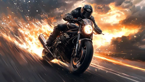 Dynamic digital painting of motorcycle rider in fiery motion.