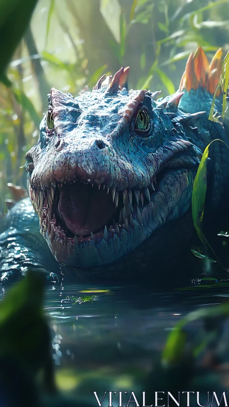 Predatory swamp reptile emerges with wet iridescent scales.