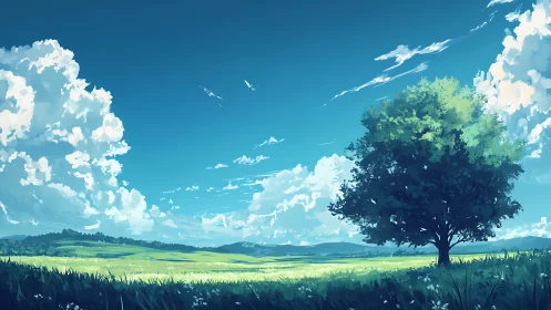 Digital painting landscape with solitary tree and cumulus sky.