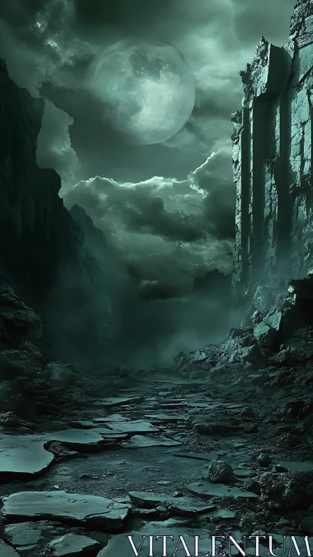 Moonlit ravine reveals cracked path through jagged ruins.
