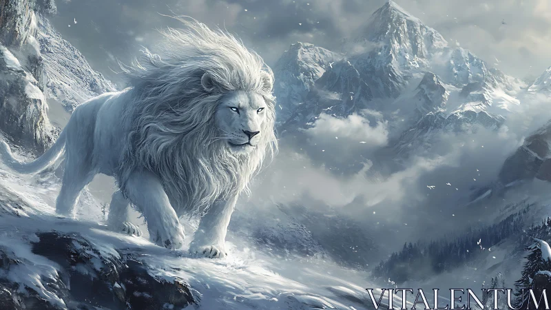Snowborn lion strides through cloud-torn mountain silence