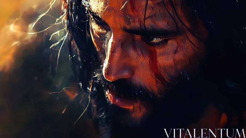 Weathered warrior gazes downward in quiet, burning resolve