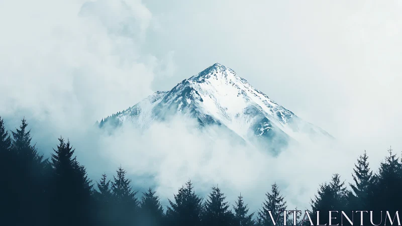 Misty snow capped mountain peak rises above dark pine forest