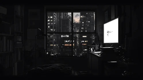 Midnight studio window glowing over a quiet cityscape.