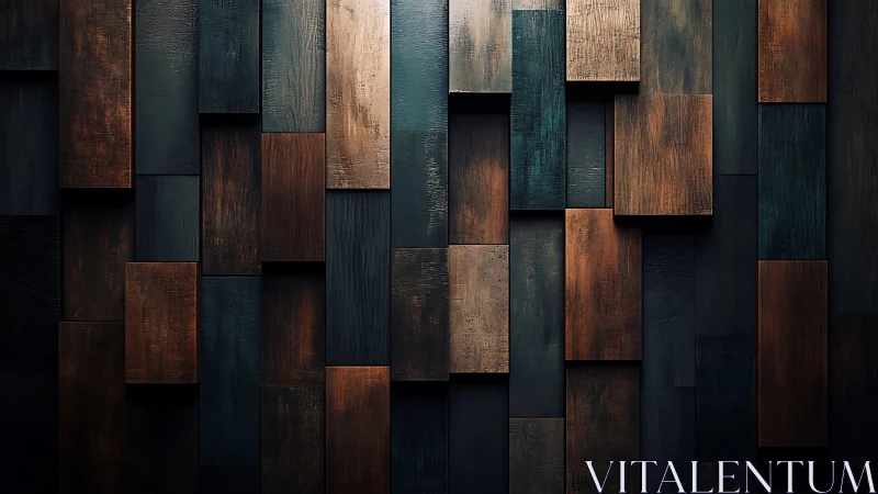 Geometric wooden wall relief in moody teal and copper tones.