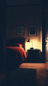 Moody bedroom glows under warm bedside lamp light.