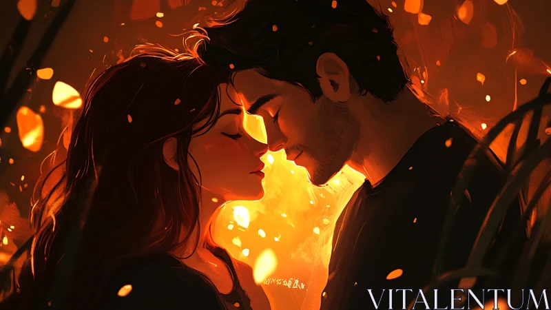 Two figures in close proximity amid warm orange and yellow luminescence